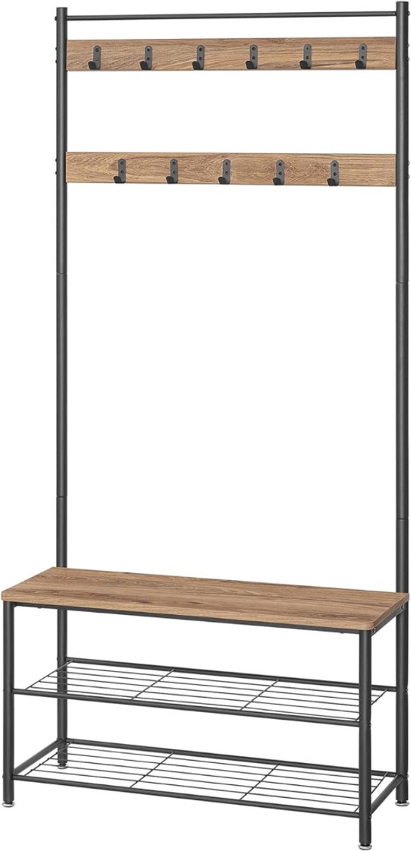 Ploutos® Kapstok Met Schoenenrek - Kapstok Met Bankje - Halmeubel Met kapstok - Zwart - ‎32cm x 85cm x 175cm