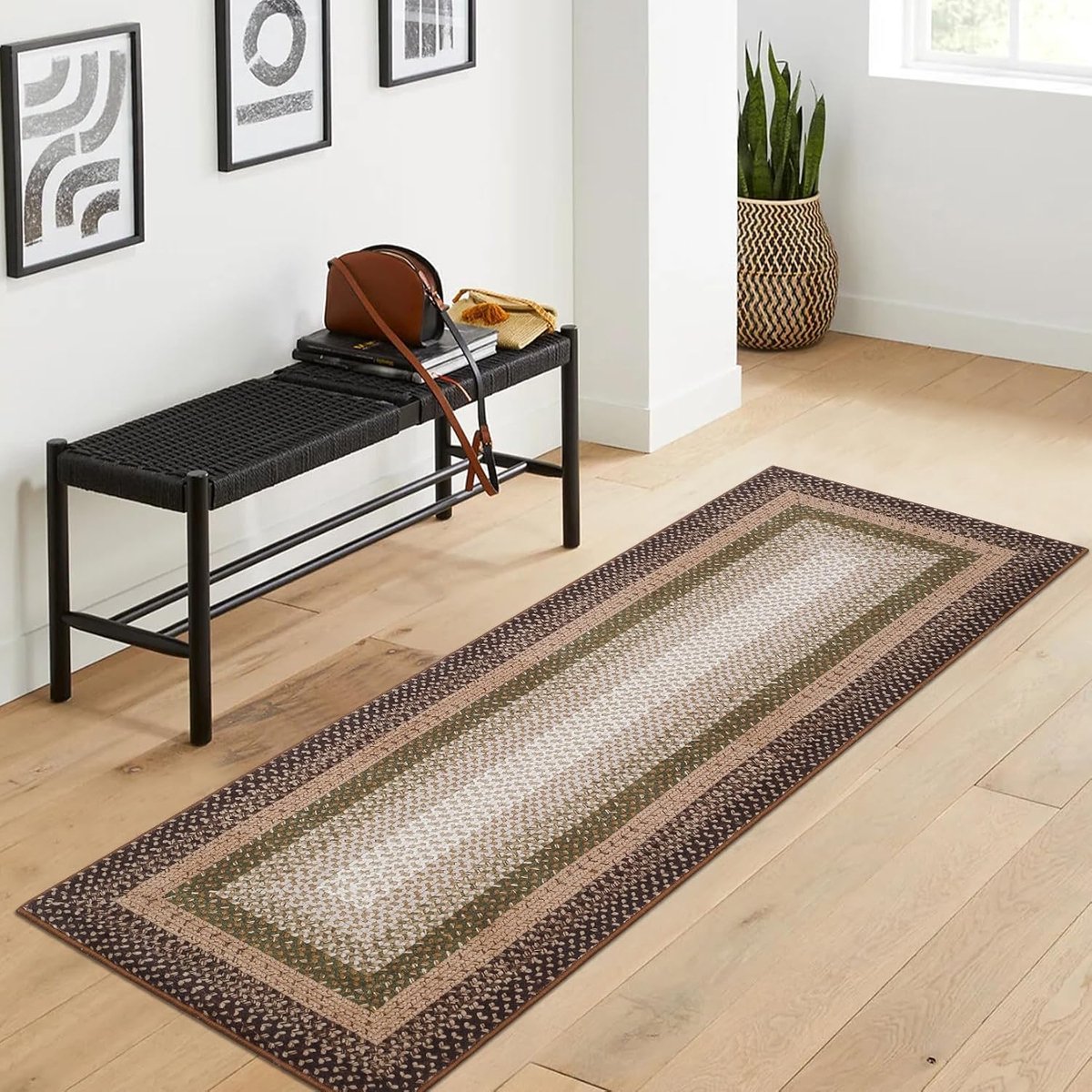 Vloerkleed - Wasbaar Antislip Textuur Motief - Bruingroen - 60x230 cm