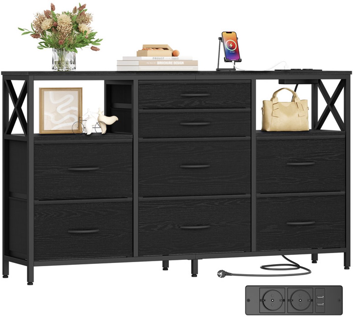 Hzuaneri Ladekast, Opbergkast Van Stof Met 8 Lades, Inclusief USB-Aansluiting En Open Vak, Multifunctionele Opbergoplossing Voor Woon- En Slaapkamer, 30 x 140 x 86 cm, Zwart