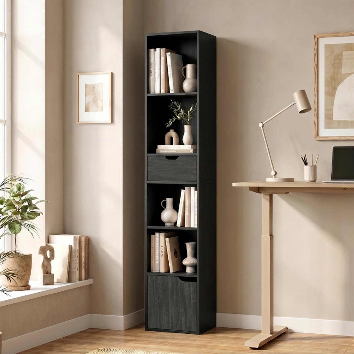 COVREO Boekenkast 30 x 24 x 158 cm zwart, met lade en verstelbaar vak