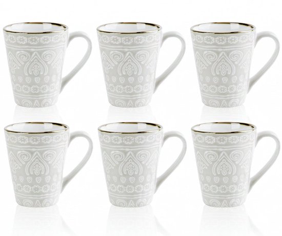 Ensemble de 6 tasses beiges avec relief subtil et bordure dorée.