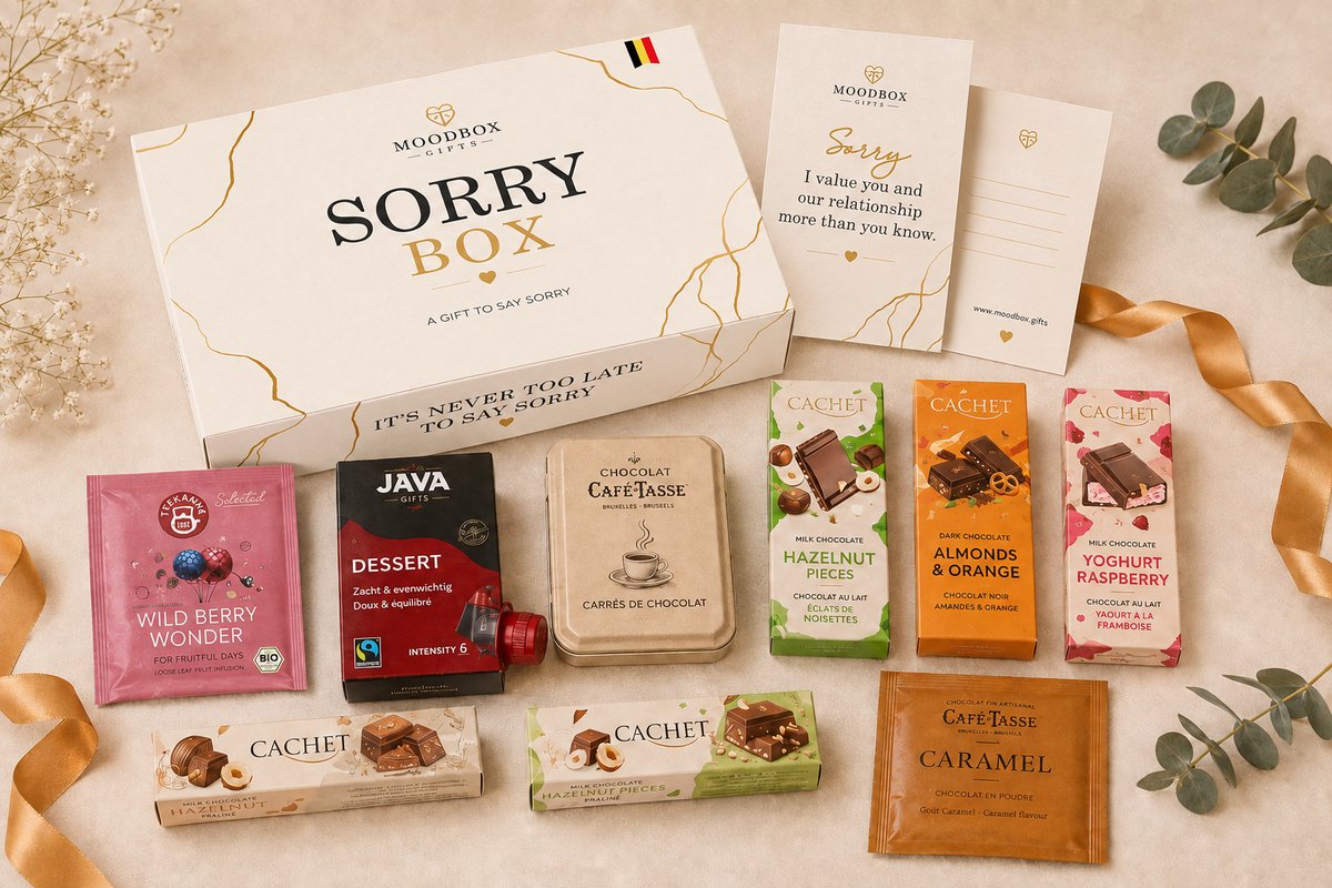 Luxe cadeaubox om sorry te zeggen – Belgische chocolade, koffie, thee & lekkernijen – Gepersonaliseerde wenskaart – Moodbox Gifts – Sorry Box Select