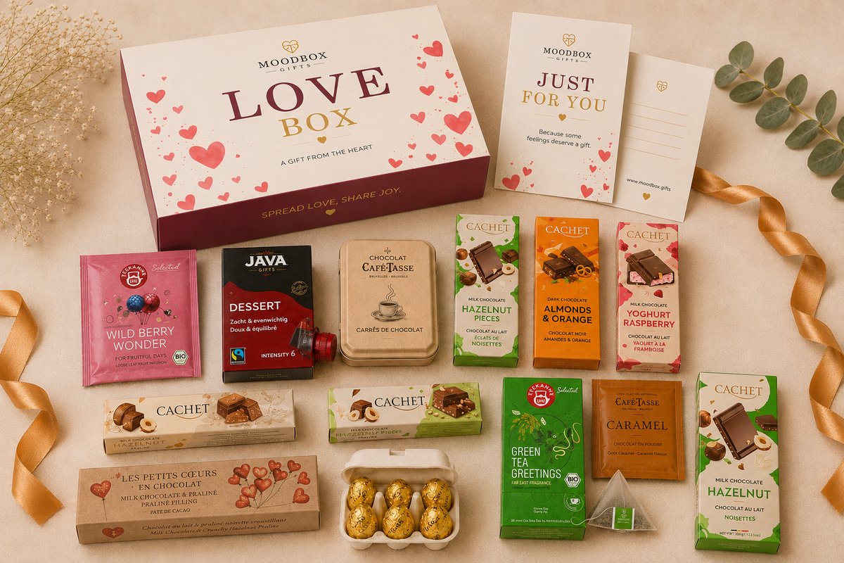 Luxe romantische cadeaubox – Belgische chocolade, koffie, thee & lekkernijen – Gepersonaliseerde wenskaart – Moodbox Gifts – Love Box Prestige