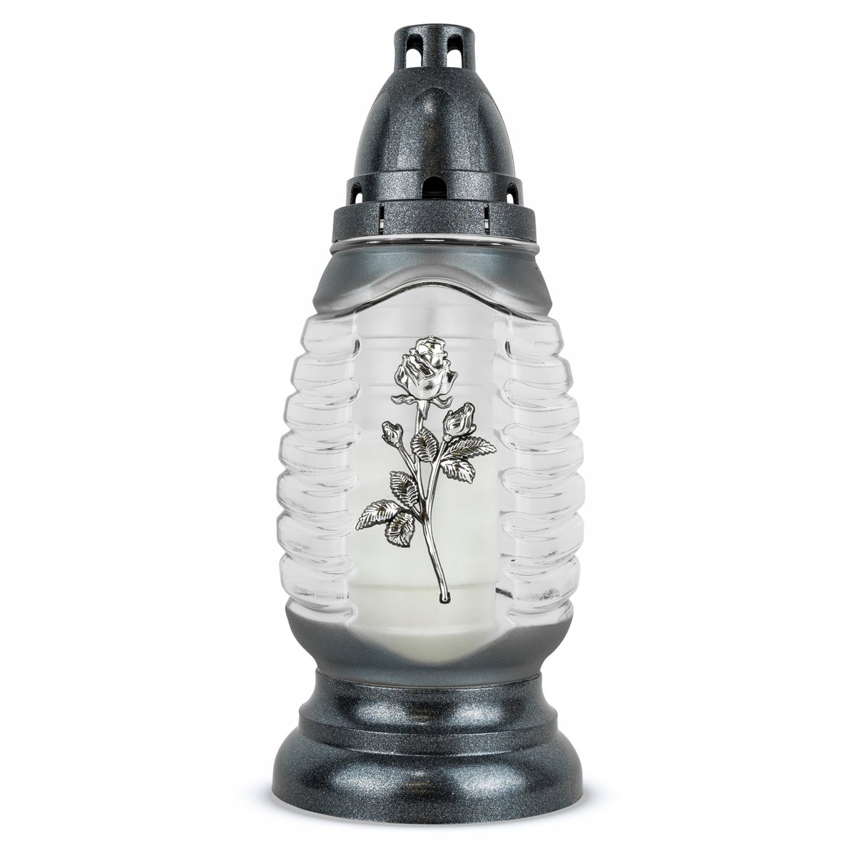 Artistieke Znicz met Roos 27 cm Zilver DP757 Grote Glazen Graflicht