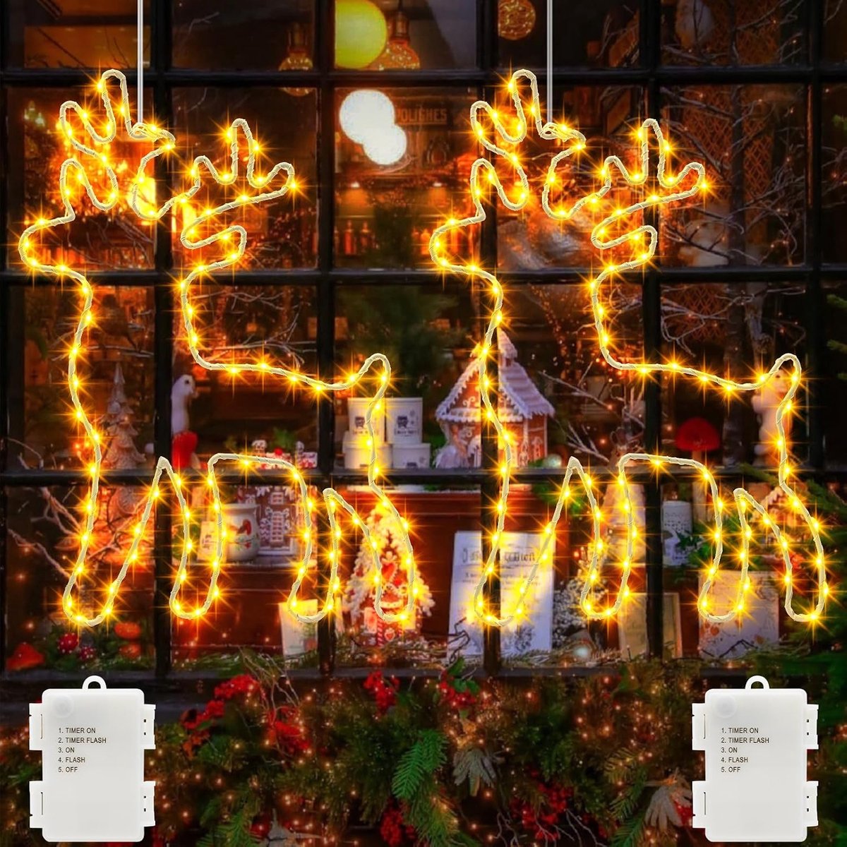 Echosari 2 stuks rendier LED raamdecoratie Kerstmis batterij, 120 LEDs hangende kerstman lichtketting met timer metaal rendier gordijn lichtketting binnen en buitengebruik warmwit