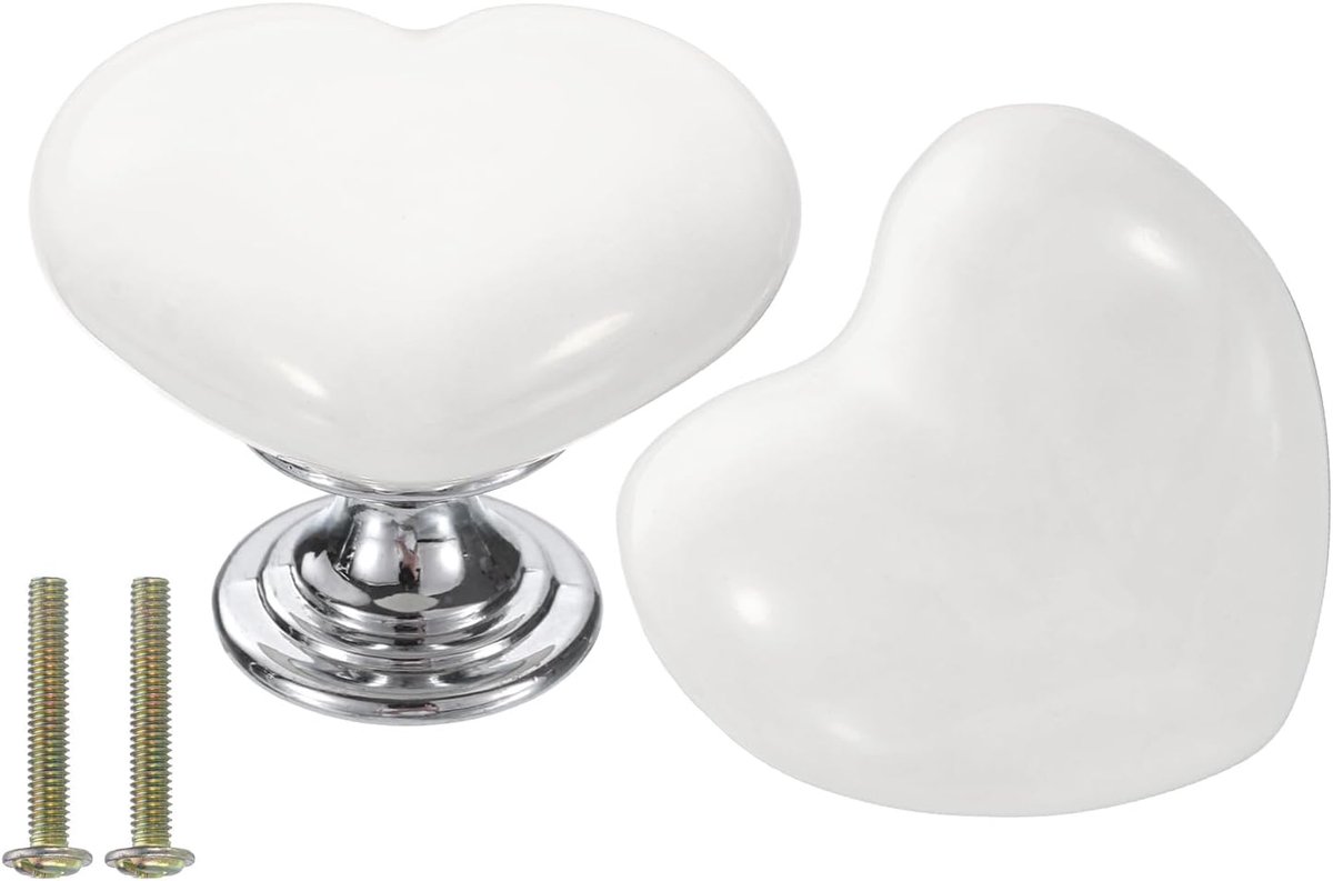 2 Verpakkingen Keramische ladeknoppen, hartvormige ladeknoppen, decoratieve ladeknoppen met M4 x 25 mm schroef voor kast kledingkast, wit/zilver