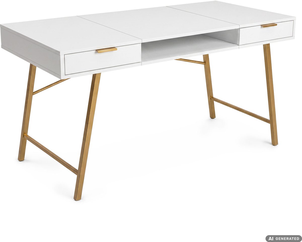 Computertafel Bureau ARDEN / Industrieel / Wit / 120 cm / 2 Lades / 1 Plank / Gouden Poten
