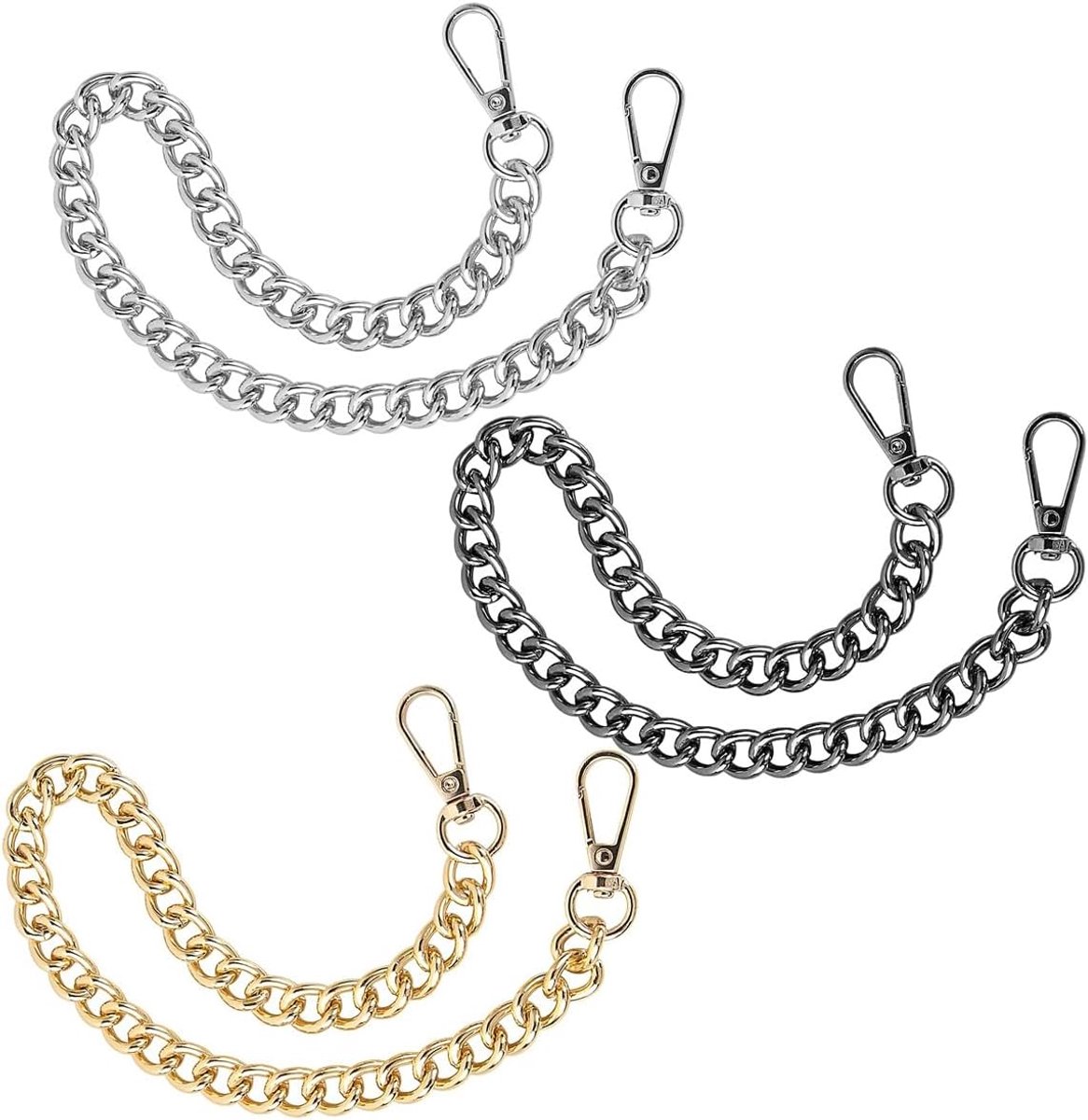 Set van 3 zakkettingen, korte vervangingsketting van metaal (40 cm), schouderketting voor tassen, compatibel met dameshandtassen, doe-het-zelf handtassen (goud, zilver, zwart)