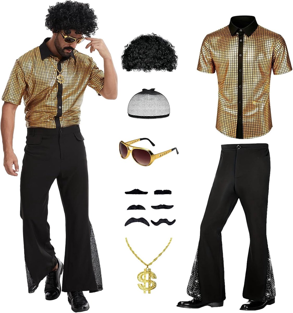 Disco-outfit voor heren, jaren 70, discoshirt set met accessoires, pruik-zonnebril voor retrothemafeesten en Halloween.
