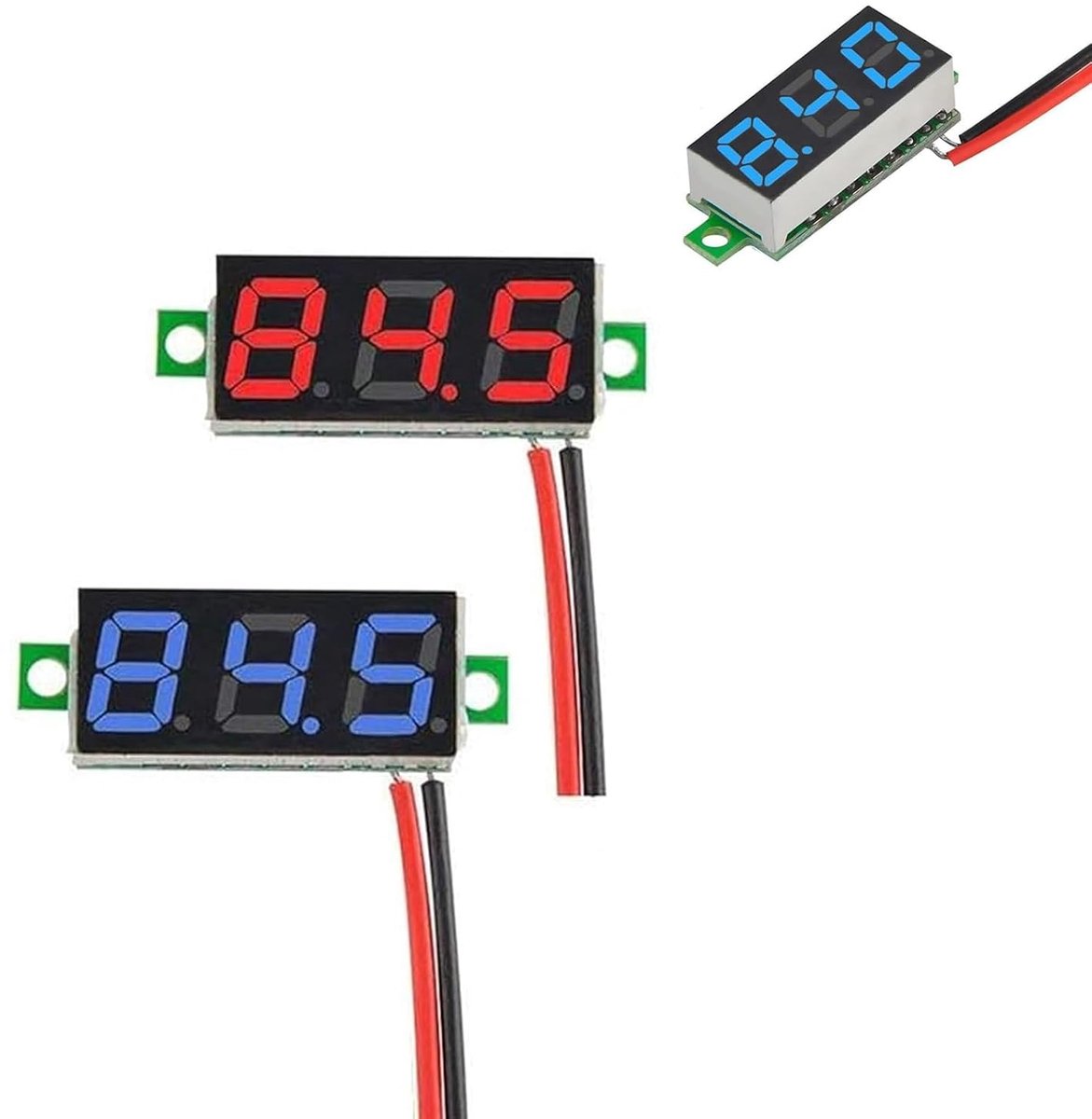 2 stuks 0,28 inch mini digitaal voltmeter, voltmeter met LED-display, meetbereik DC 2,4–30 V, twee kabels spanningstester, bescherming tegen polijsten en nauwkeurige drukmeting (rood, blauw)