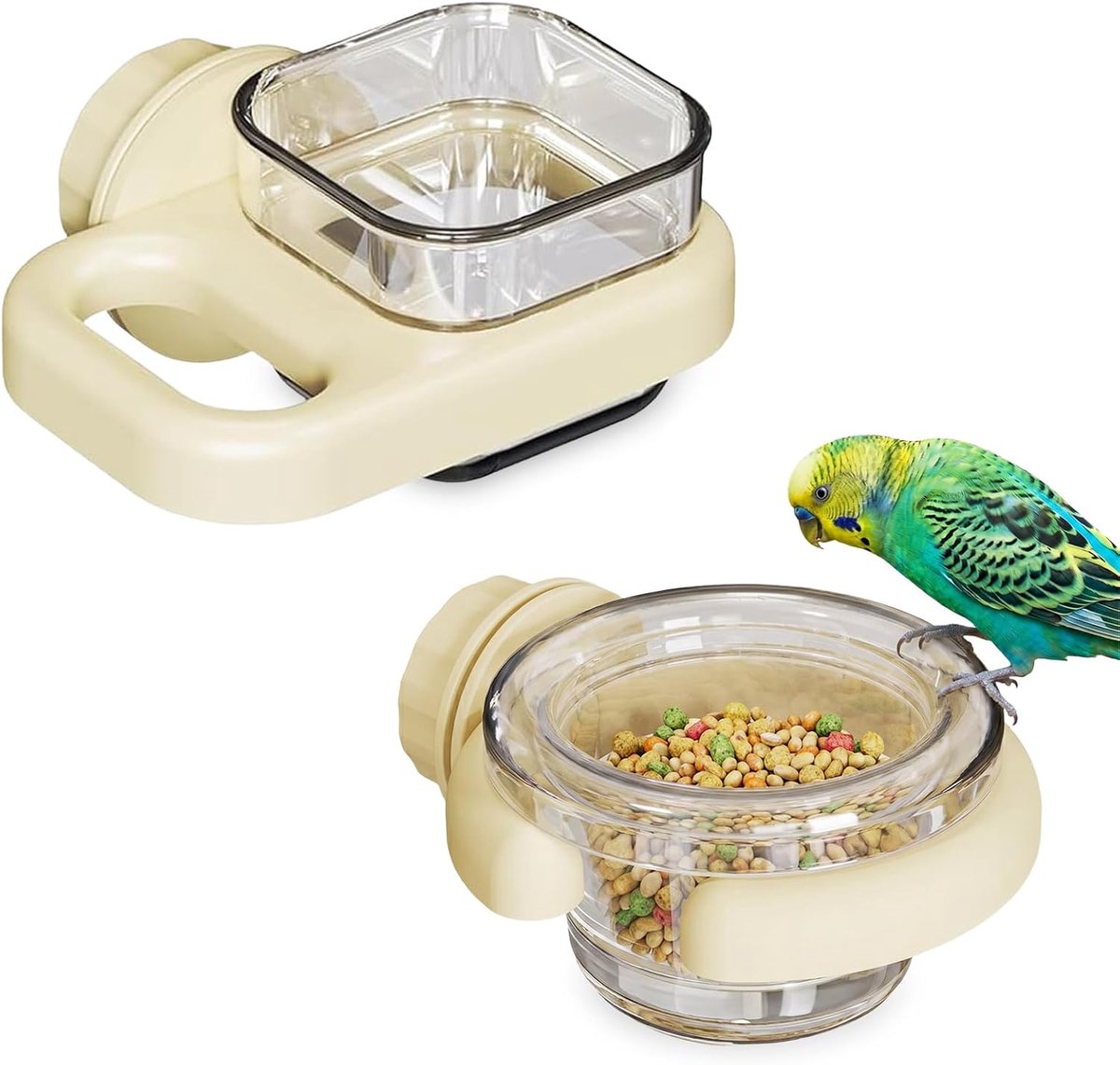 2 stuks plastic vogelvoer, waterschalen, beker, kooiaccessoires, vierkante ronde voederdispenser, parkiet, langstaart-papegaaien