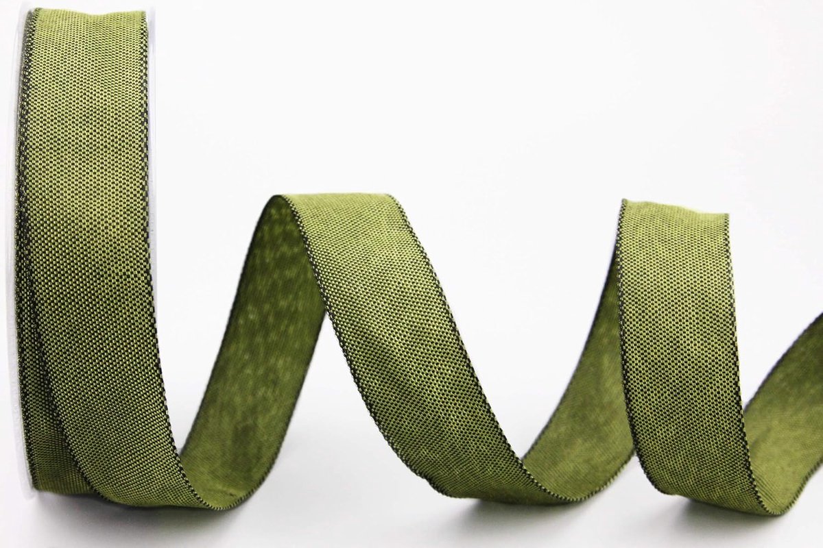 Olijfkleurig met draadranden licht glanzend linnenlook taftband grof geweven kerstmis advent 20 m x 25 mm (Rolle) Olive (donker)