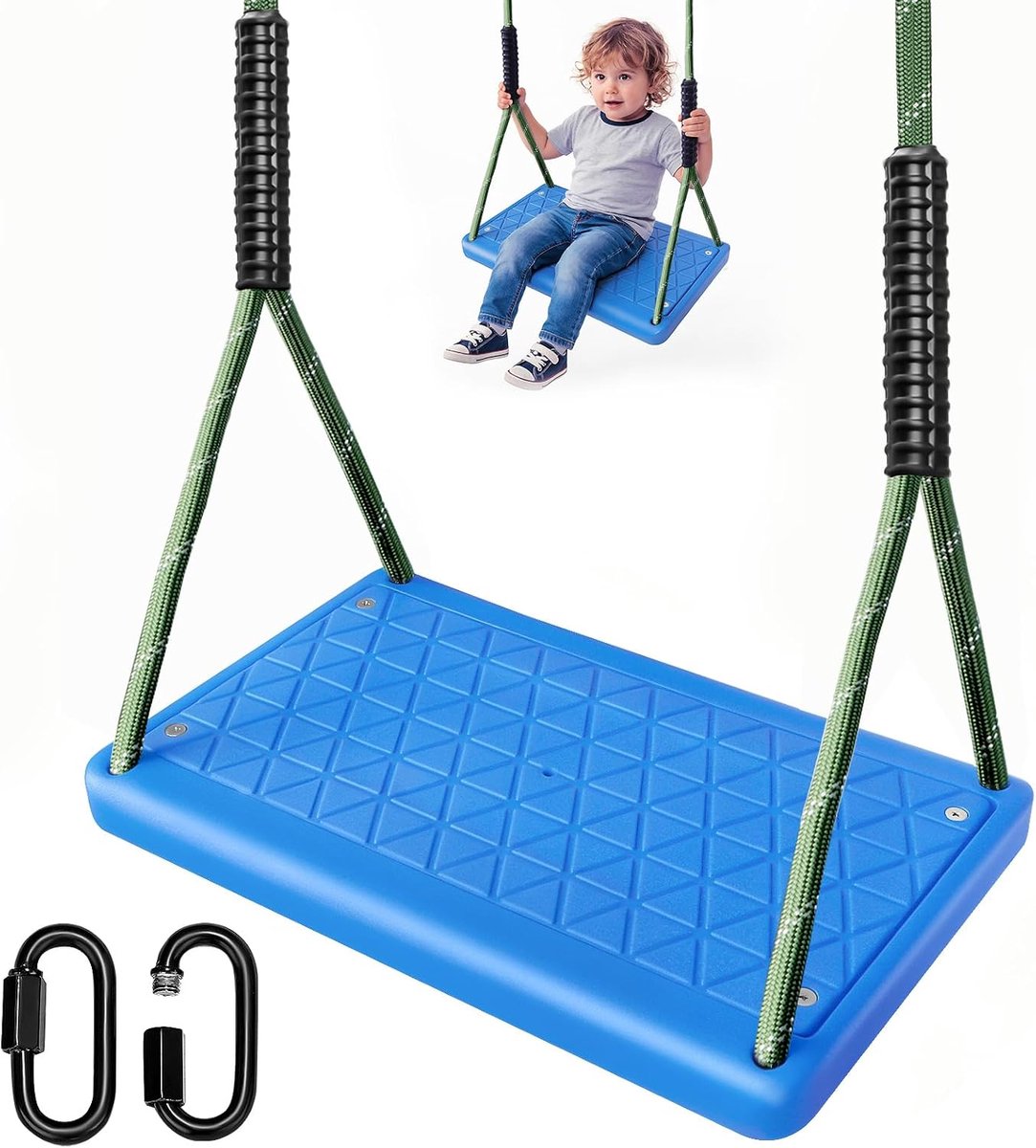 Schommelstoel voor binnen en buiten, rubber, antislip, met 2 karabijnhaken en in hoogte verstelbaar touw (1,3 m-2 m), voor speelplaats, tuin, schommel, tieners en volwassenen, 150 kg, blauw