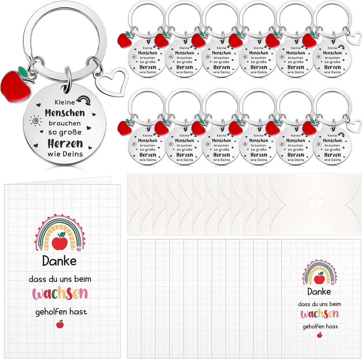 12 sets leraren sleutelhangers bedankje cadeau voor opvoeder sleutelhanger met hanger bedankkaart met envelop afscheidsgeschenk eindexamencadeau voor lerares opvoeders, zoals getoond in de