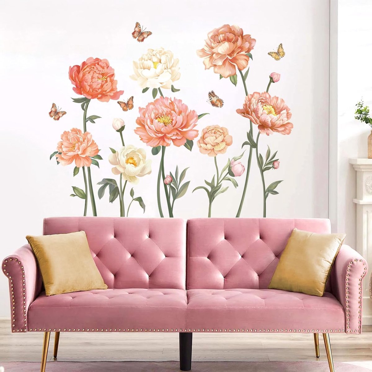 Pioenroos, bloemen, muursticker, tuin, planten, vlinder, muursticker, wanddecoratie voor slaapkamer, woonkamer, bank, achtergrond