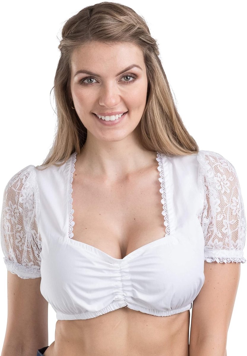 Trachten Couture Dames dirndlblouse van kant en katoen – elegante witte dirndlblouse Wiesnherz