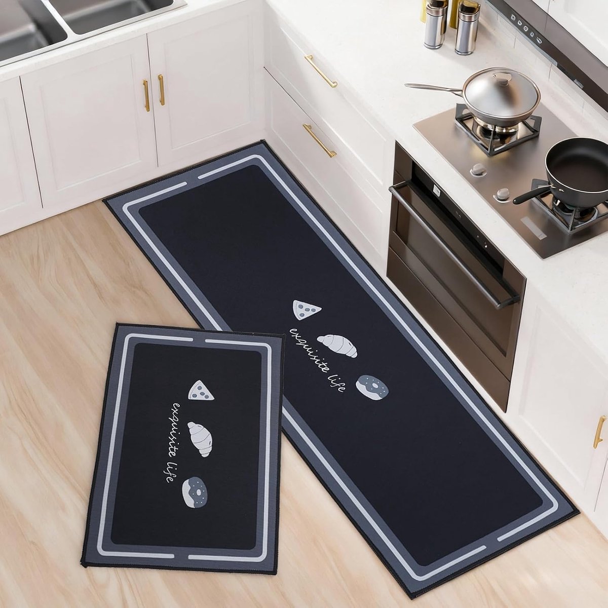 2 stuks keukenmatten en tapijtset, antislip wasbaar, waterabsorberend, voor keuken, wasserette, gangen, zwart, 43 x 75 + 43 x 120 cm
