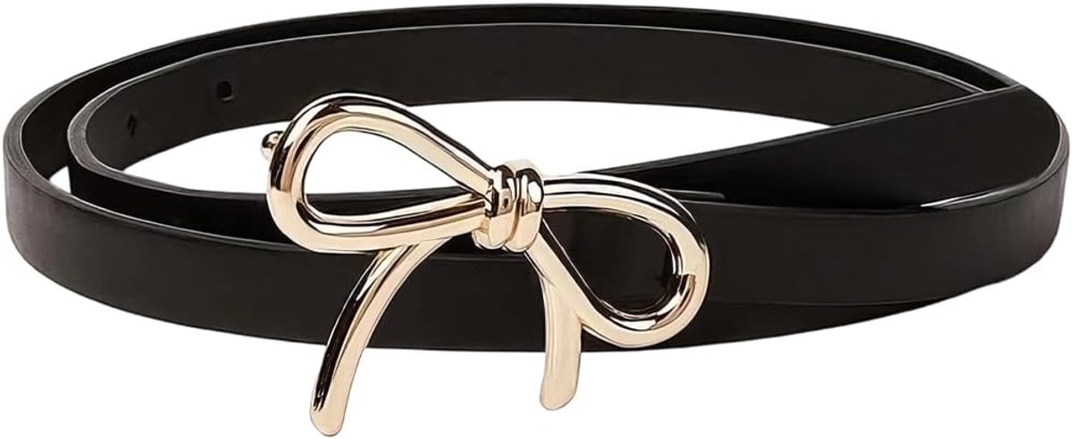 Riem van zwart kunstleer, 1,3 cm breed, voor dames, verstelbare riem met strik en gesp van goudkleurige legering, elegant en dun, voor jurken, jeans en broeken.