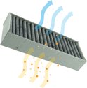 Interieurfilter met gele en blauwe pijlen die de luchtstroom symboliseren, met fijne deeltjes die worden opgevangen.