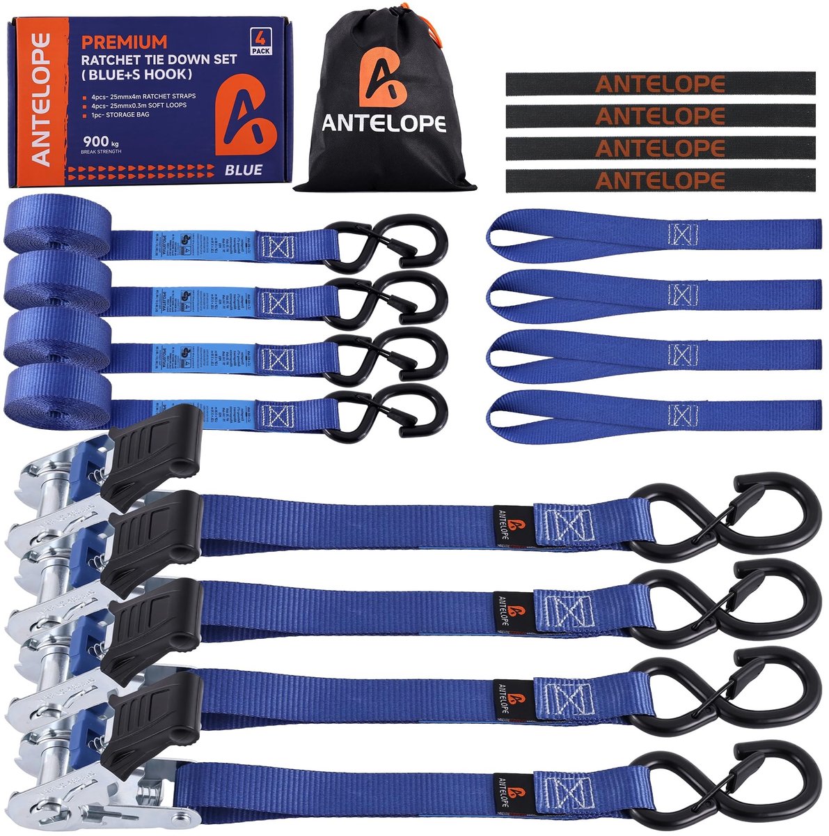 Elzusha - Ratel Spanbanden Set van 4 - 25mm x 4m - 900 kg Breeksterkte Blauw