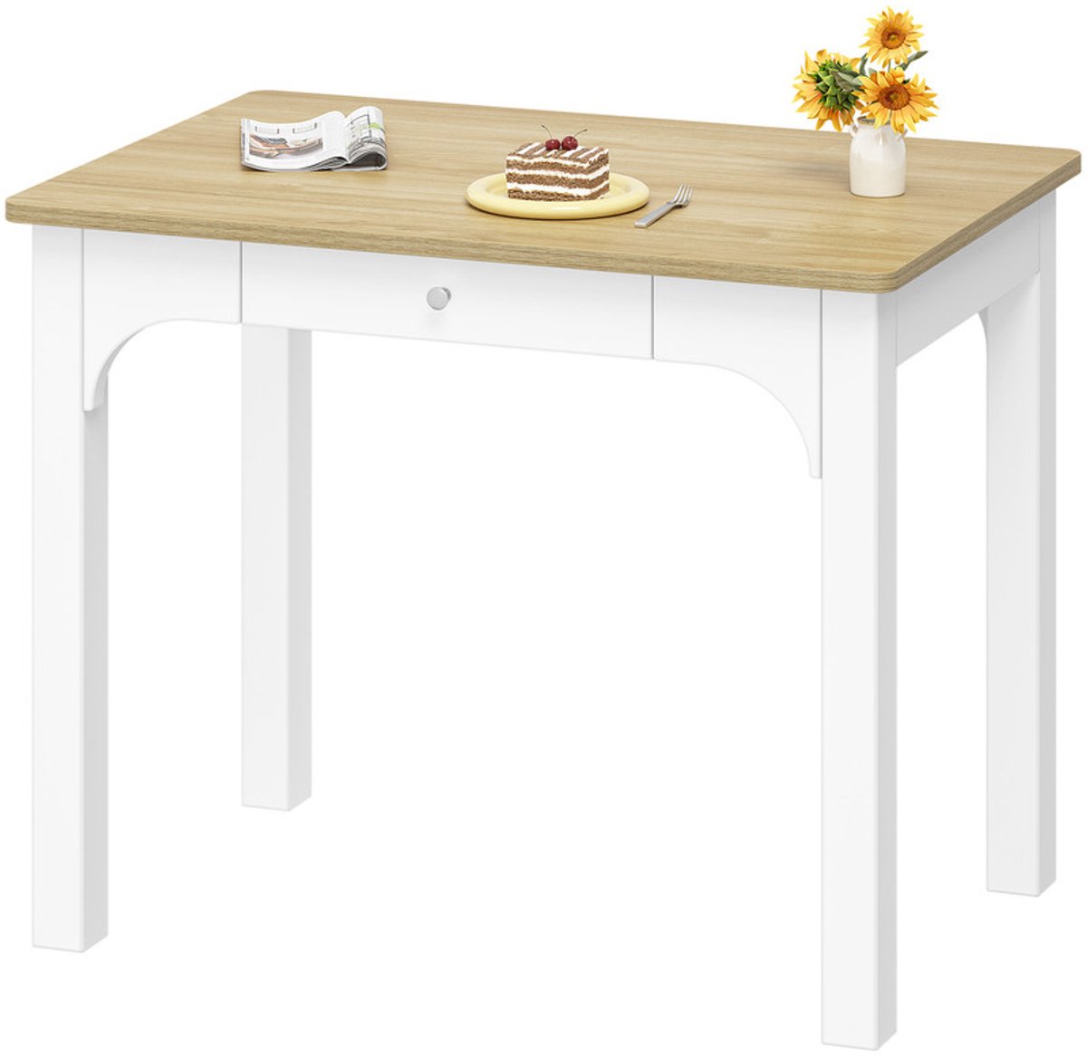 Hzuaneri Eettafel In Houtlook, Keukentafel Met Lades, 50 x 80 x 75 cm, Wit, Vierkant, Massief Houten Poten, Plaats Voor 4 Personen, Modern, Geschikt Voor Eetkamers, Keukens En Kleine Ruimtes