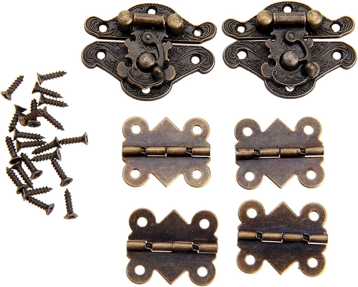 2 sets antieke decoratieve hasp, retro hasp-repen, decoratieve houten sieraden, vintage scharnieren met 4 stuks vlinderscharnieren
