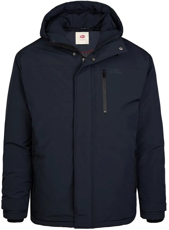Donkerblauwe herenparka met capuchon, ritssluiting en zakdetails.