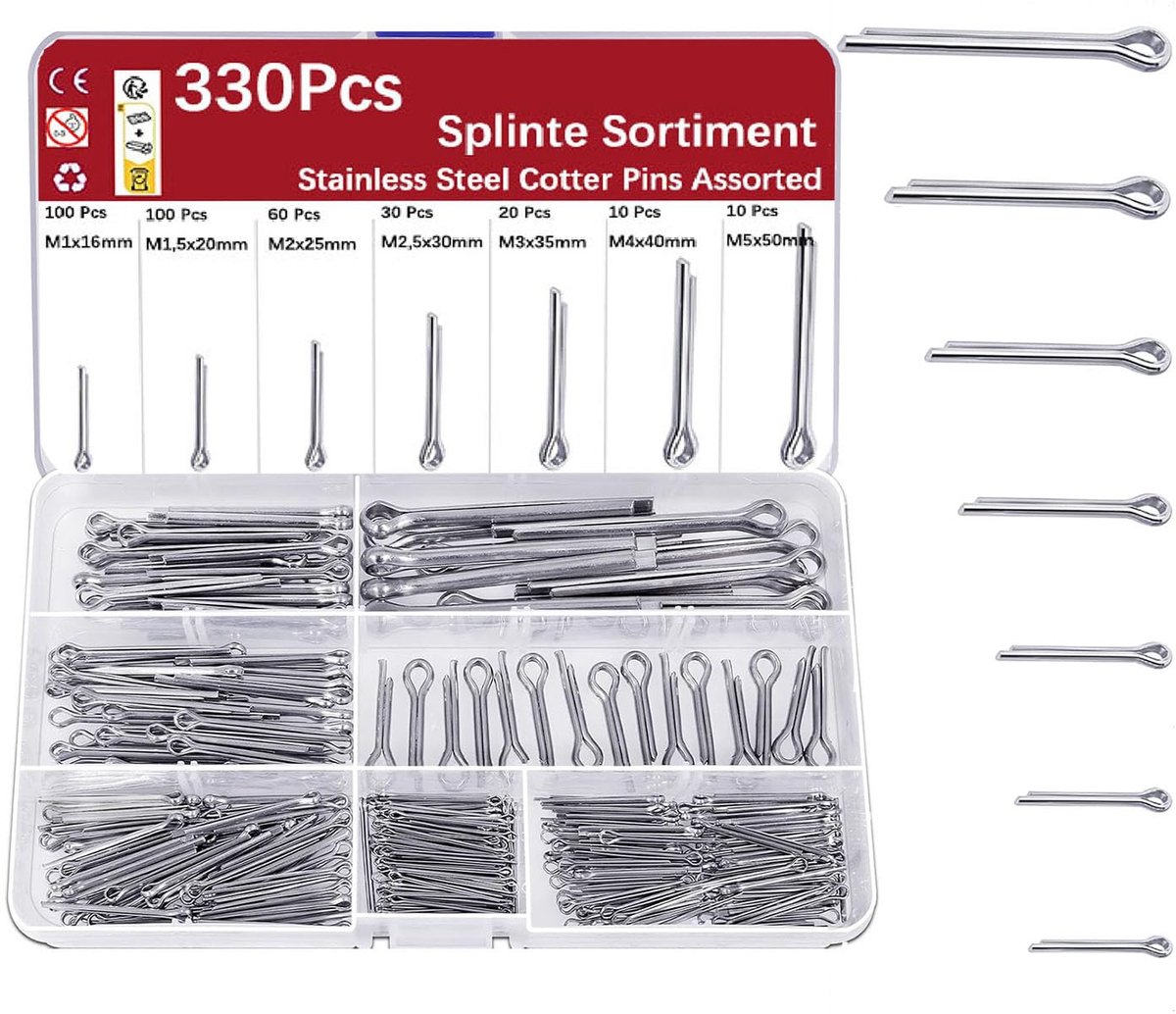 330 stuks splintenassortiment, splintenset, roestvrij staal, M1, M1.5, M2, M2.5, M3, M4, M5, A2 roestvrij staal, veiligheidssplint voor auto's, tuingereedschappen