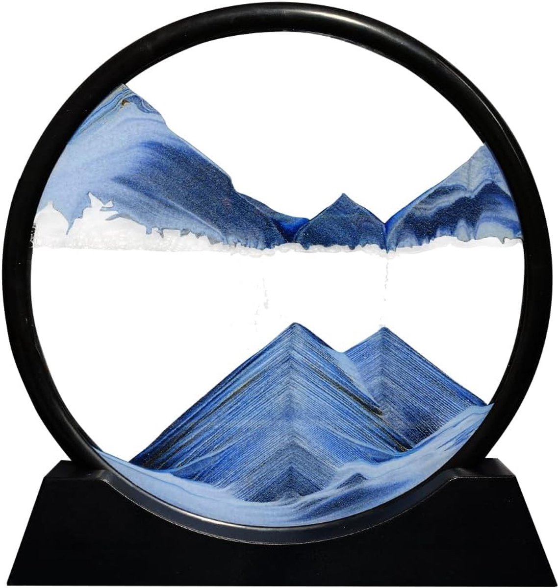 Decoratieve zandloper, 20 cm, zandloper, 3D-kunst, dynamisch, zandschilderij, rond, frame, bewegend zand, decoratie, kantoor, woonkamer, huis (nieuw blauw, 28 cm)