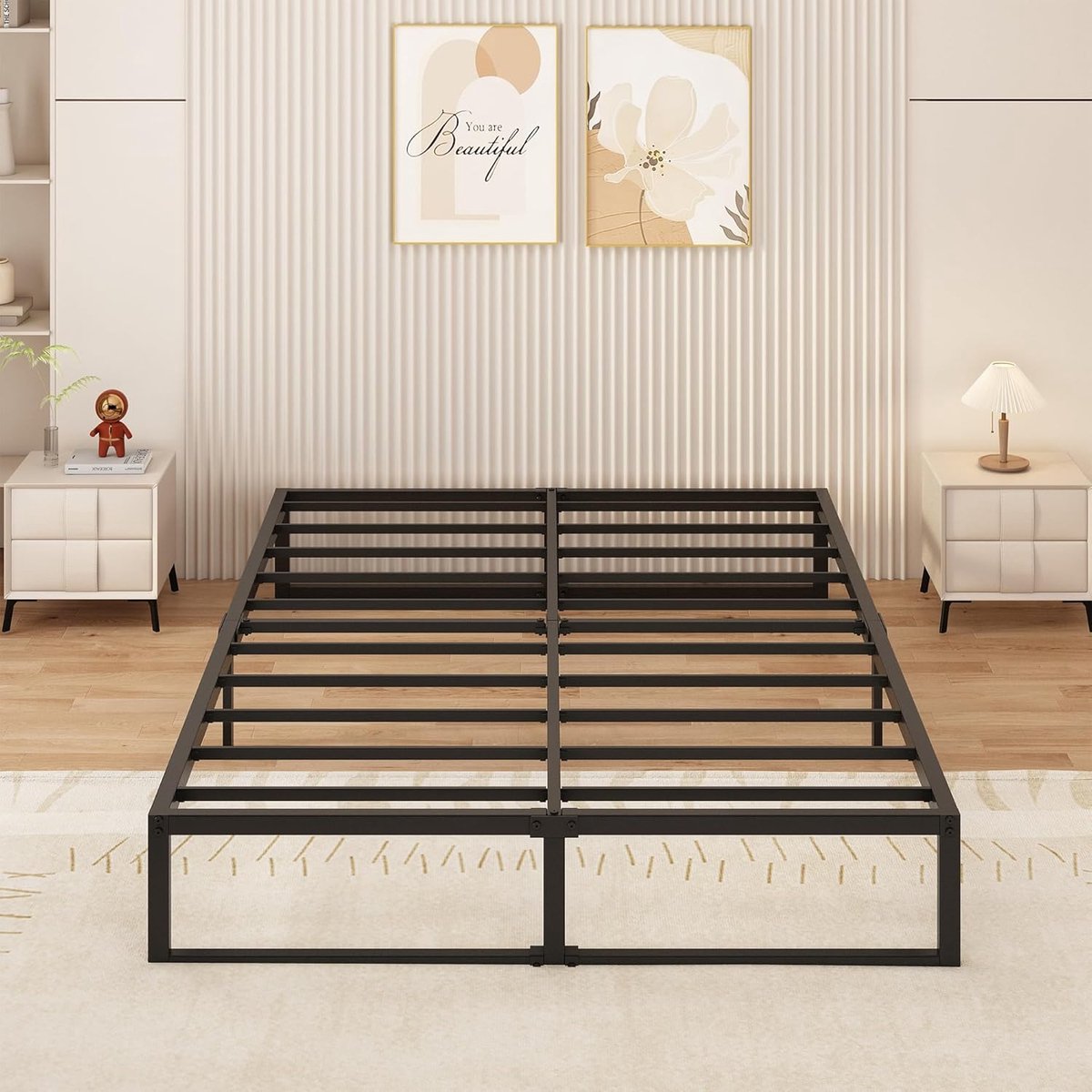 Tweepersoonsbed 160 x 190 cm Metalen Bed Met Lattenbodem, Hoogte 36 cm, Dubbel Bedframe, Stil, Stabiel, Minimalistisch Design, Eenvoudig te Monteren, Zwart | Eenvoudige montage, stil, maximale belasting 500 kg, ruimte onder het bed