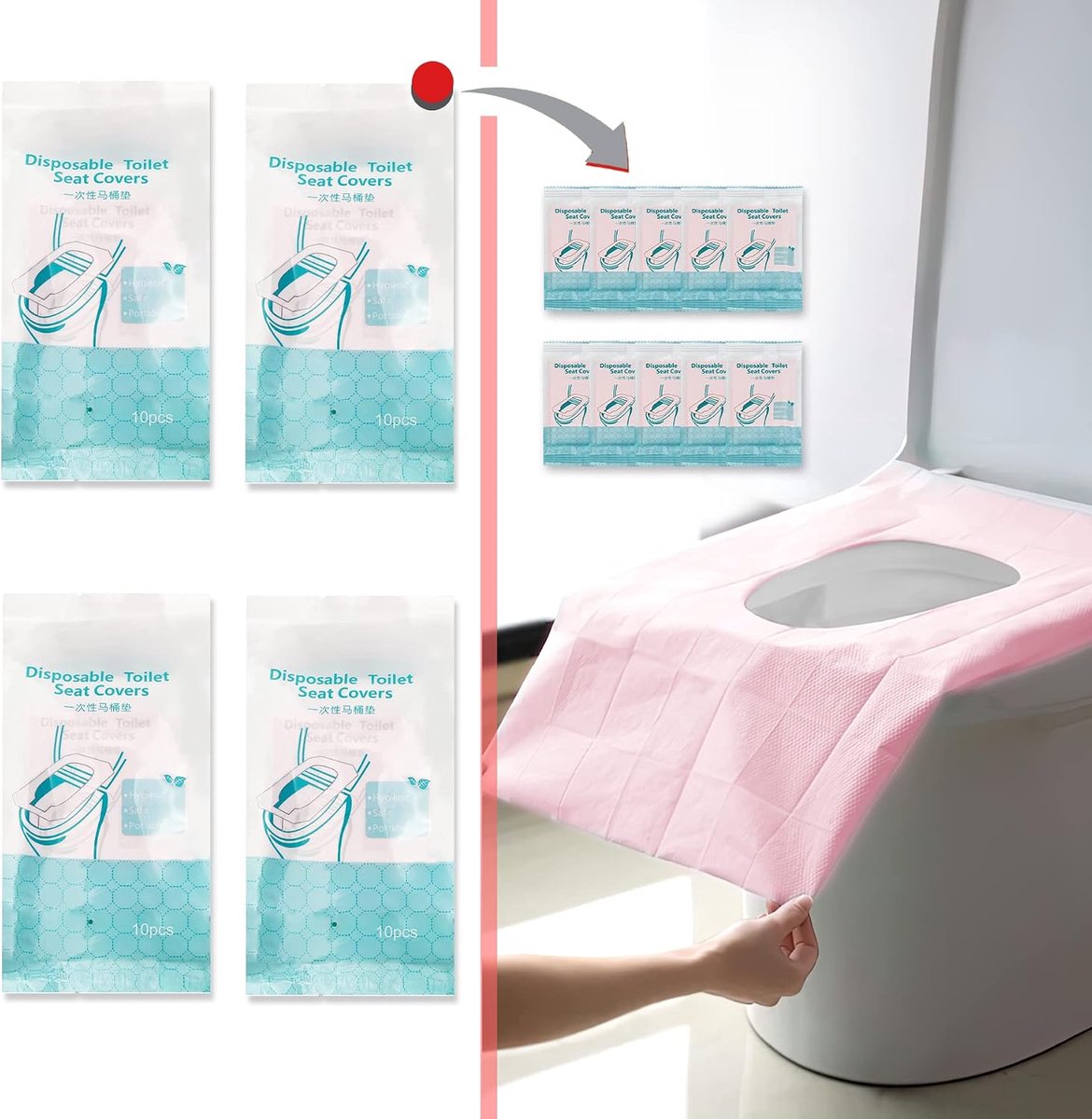 40 stuks toilethoezen, wegwerp/wegwerp, toiletbril-kussen, waterdichte toilethoezen voor reizen met kleine kinderen (afzonderlijk verpakt, roze)