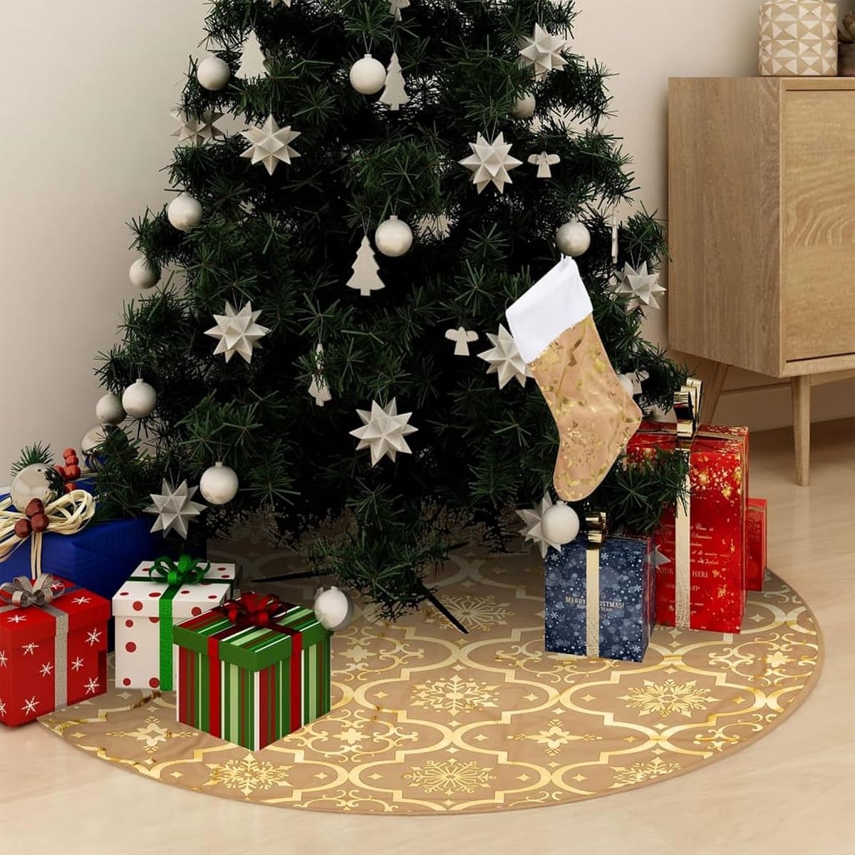 Luxe kerstboom rok met sok geel 150 cm stof, kerstboom dennenboom, indoor outdoor seizoensgebonden vakantie ornament decoratie woondecoratie kunstboom