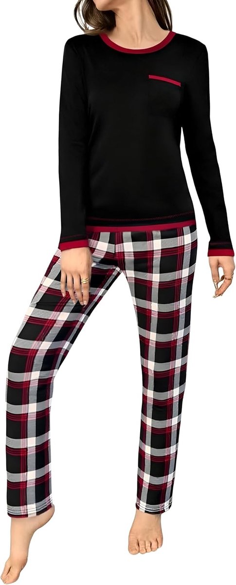 Pyjama voor dames, winter, lang, pyjamaset voor dames, katoen, ronde hals, nachtkleding, warm, 2-delige set, pyjama, dames, winter, lange mouwen, zacht en pyjamabroek, B-Zwart, XXL