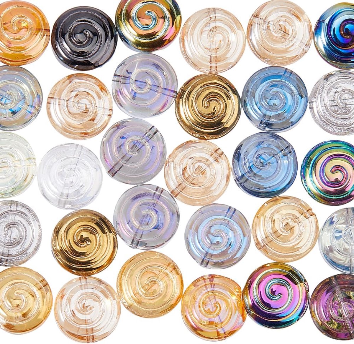 50Pcs Regenboog Kleur Galvaniseren Spacer Kralen Platte Ronde Streep Glas Kralen Transparante Millefiori Kralen Slak Shell Kralen voor Ketting Armband Sieraden Maken DIY
