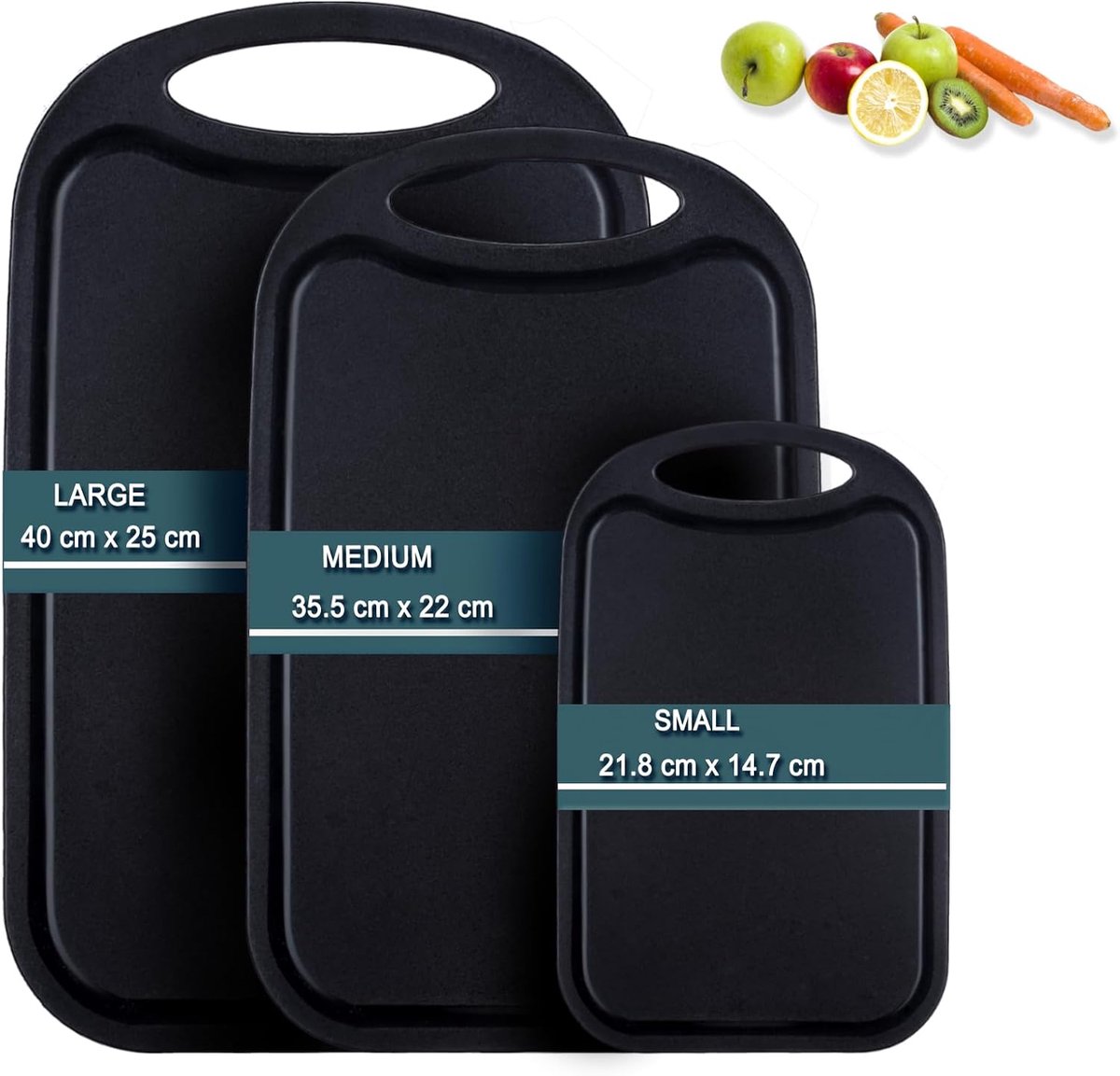 Snijplank voor de keuken, van kunststof, 3-delige set met sapsleuven en antislip handgrepen, BPA-vrij, vaatwasmachinebestendig, zwart