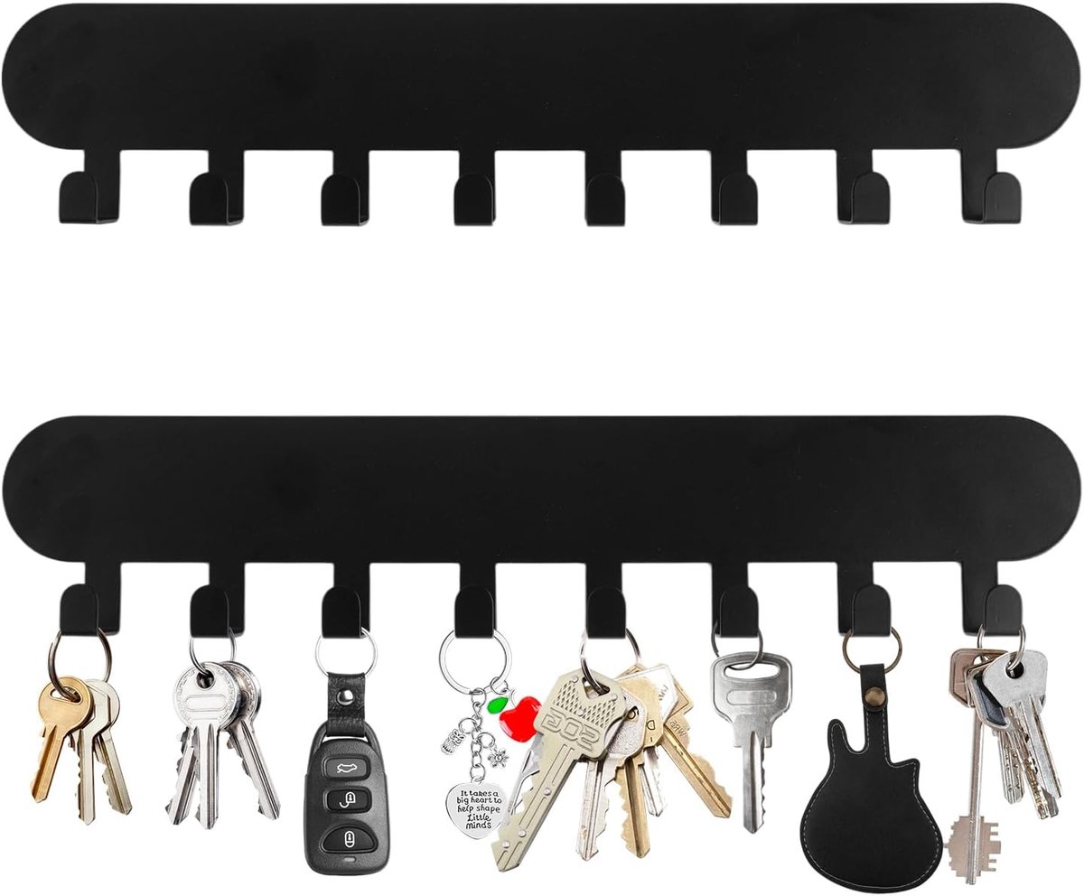 2 Stuks Sleutelhouder voor Muur met 8 Haken, Zwart Sleutelrek Zonder Boren | Sleutelbord, Sleutelhanger, met Zelfklevende Achterkant, voor Gangen, Toegangsdeuren, Garages, Badkamers, Keukens