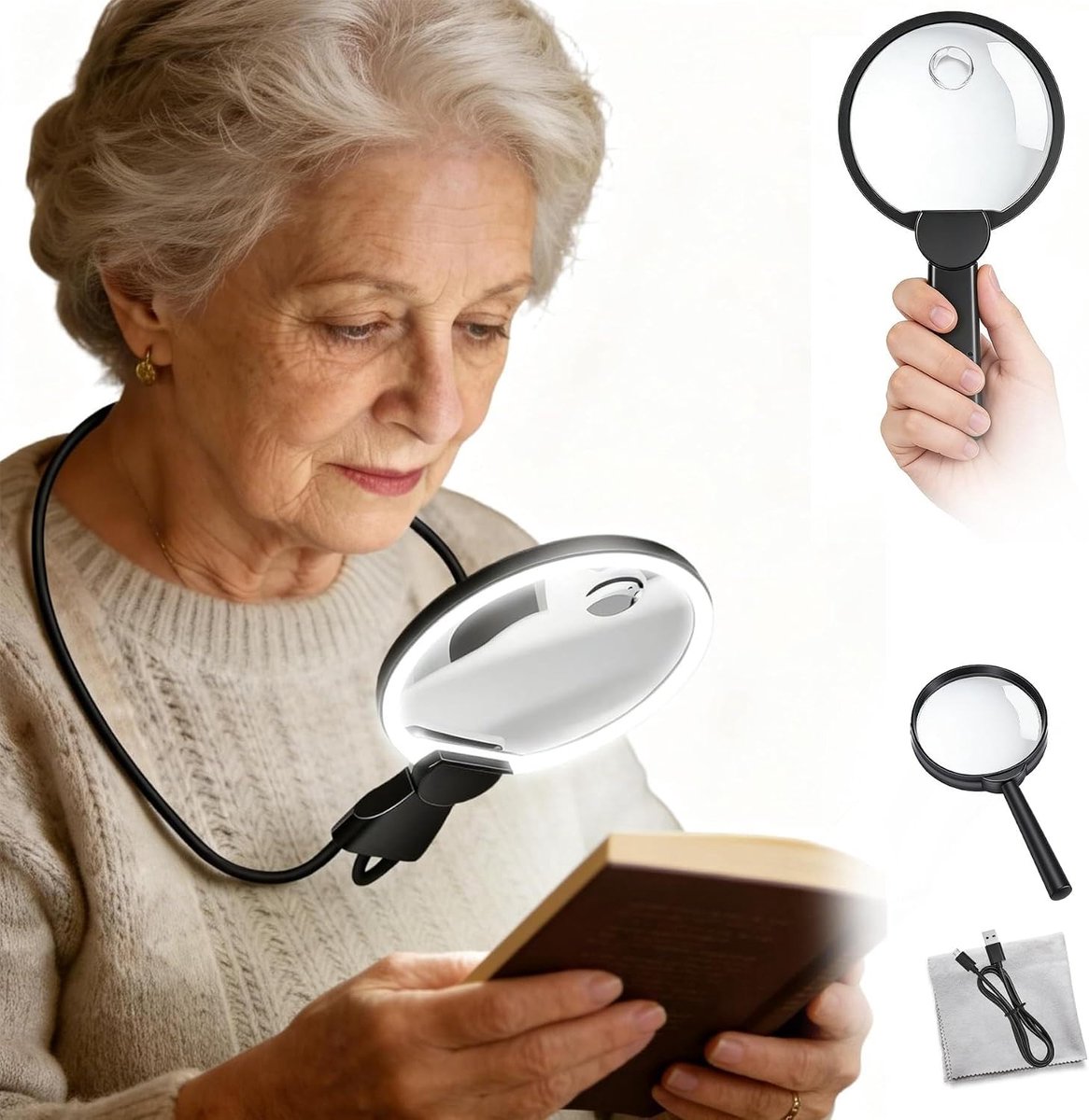 Vergrootglas met licht, handsfree leesloep met licht in de buurt werk, HD-vergrootglas, flexibele zwanenhalsloep voor lezen, repareren, naaien, gezichtszwakte, ouderen, handsfree