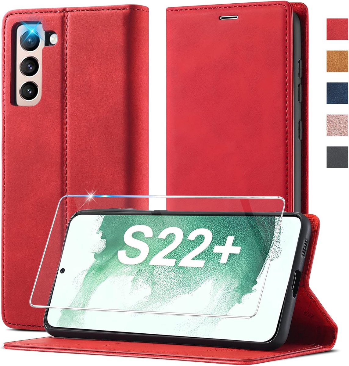 Telefoonhoesje voor Samsung Galaxy S22 Plus, van leer, met beschermfolie, inklapbaar, leren flip wallet 360, stootvaste beschermhoes, klaphoes voor Samsung S22 Plus, holster