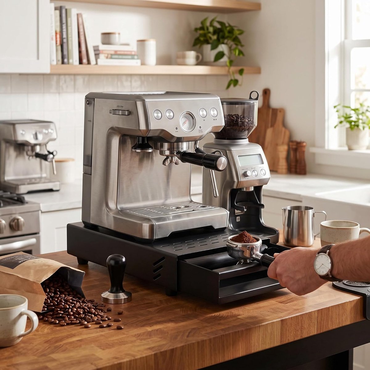 Health Gear Koffieklopbox-lade, espresso-klopbox-lade, roestvrijstalen koffierestpoederbox voor de huishoudwinkel, koffiedikhouder, espresso-puck-klopbox (zwart)