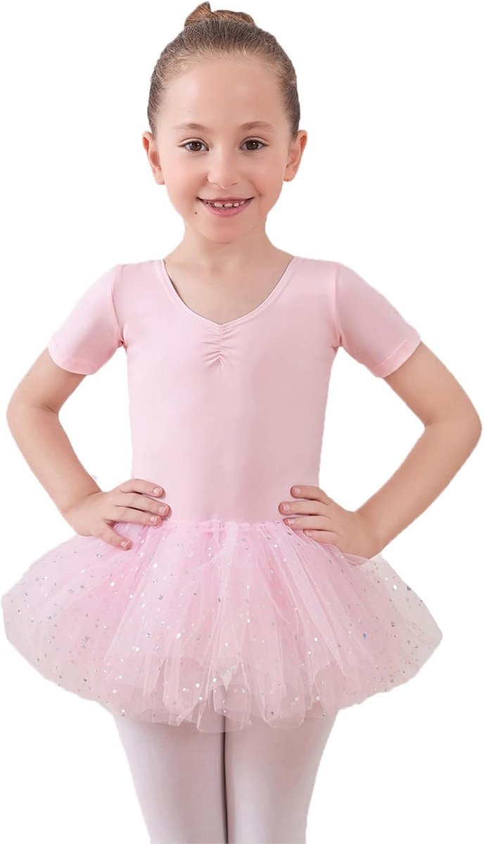 Balletjurk voor meisjes, met glanzende tule, gekruiste rug, korte mouwen, dans turnpakje