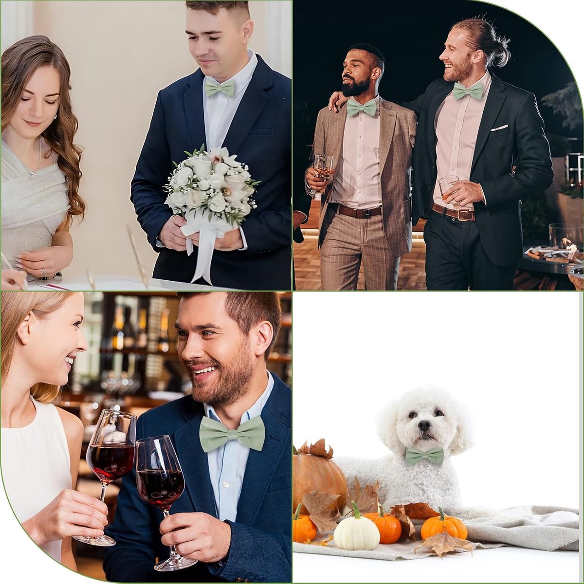 Vlinderdas voor heren, saliegroen, elegant, met pochet en manchetknopen, herenaccessoires voor pak, bruiloft, ceremonie en feestjes