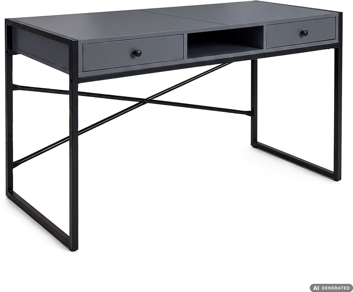 Computertafel Bureau ELONIS / Industrieel / 123 cm / Grafiet / 2 Lades / 1 Plank / Zwarte Poten