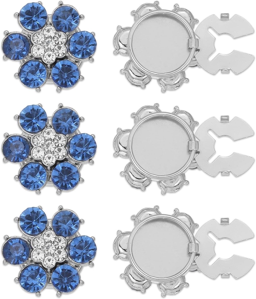Knopen Cover, 6 stuks Ronde Bloemen Kristal Naaien Clip Mouw Knop Cover Manchetknopen Versieringen voor Vrouwen Mannen Bruiloft Shirt Kleding Decoratie, Blauw (Zilverkleurig)