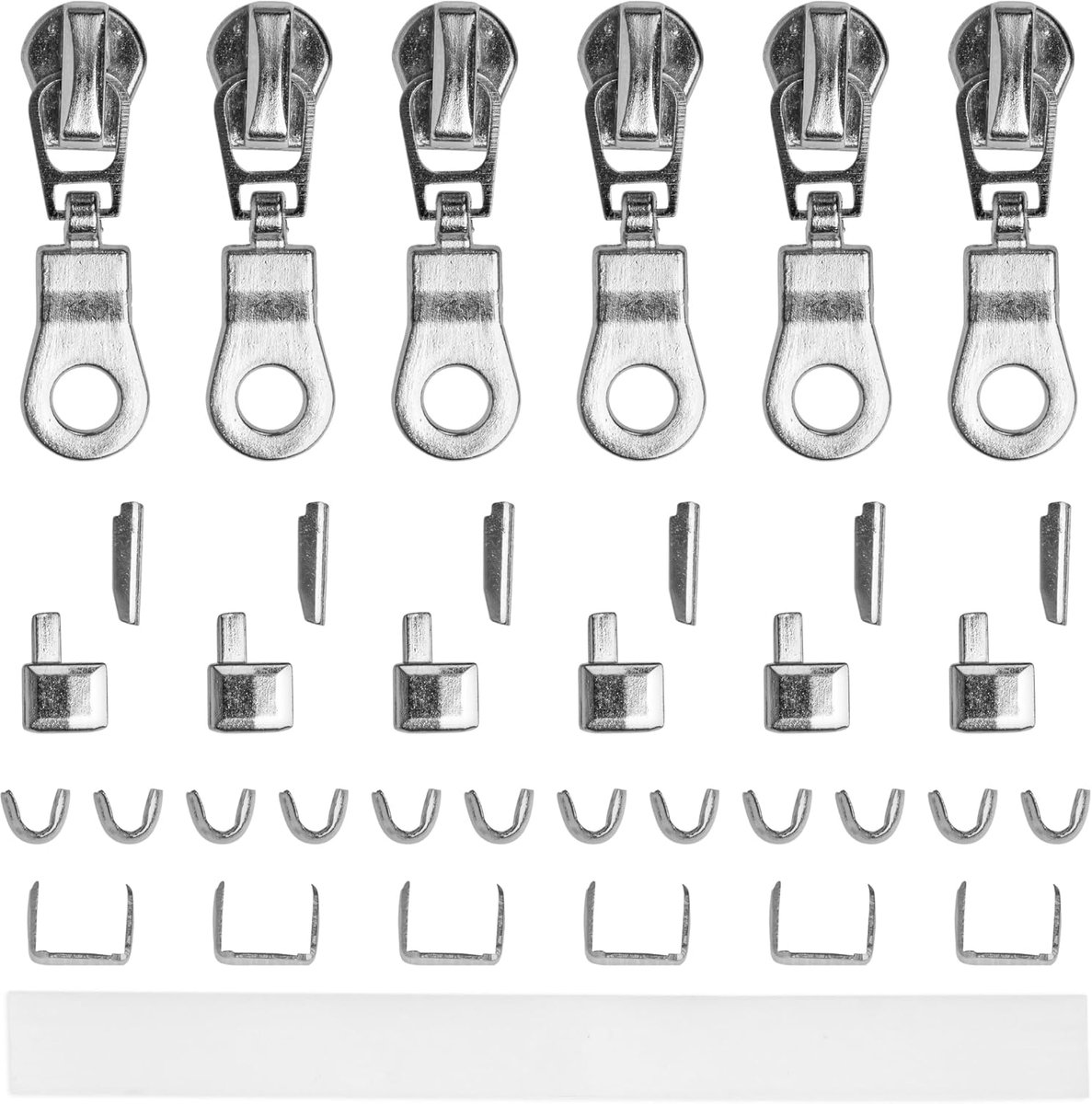 Ritssluitingsset, met schuivers, voor NYLON #5 ritssluitingmaat, met 6 x schuivers, eindstukken onderaan, eindstukken bovenaan, instructies, vervangingsaccessoires voor nylon tandritssluitingen