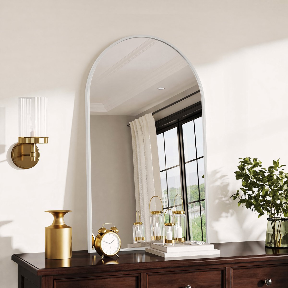 Boogvormige Wandspiegel 91x61cm Wit – Aluminium Frame, Gehard Veiligheidsglas, Moderne Spiegel voor Hal & Woonkamer