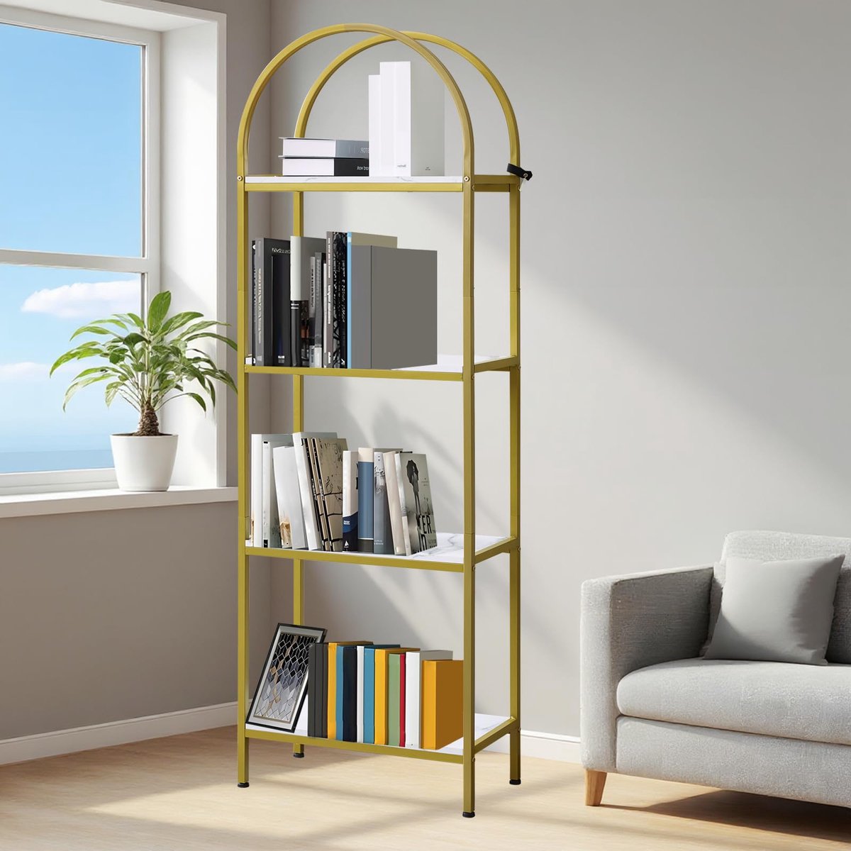 Boekenkast 4 Lagen met Boogvormige Bovenkant - 60x30x183cm - Smal Hoog - Displaykast Vrijstaand - Boekenplank - Metalen Frame - Voor Woonkamer Slaapkamer Kantoor - Wit + Goud
