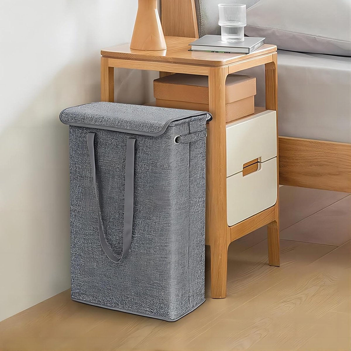 REDOM Wasmand 39 x 19 x 60 cm – Smal en Opvouwbaar – Met Deksel en Handvatten – Ruimtebesparend voor Badkamer, Slaapkamer en Wasruimte – Donkergrijs