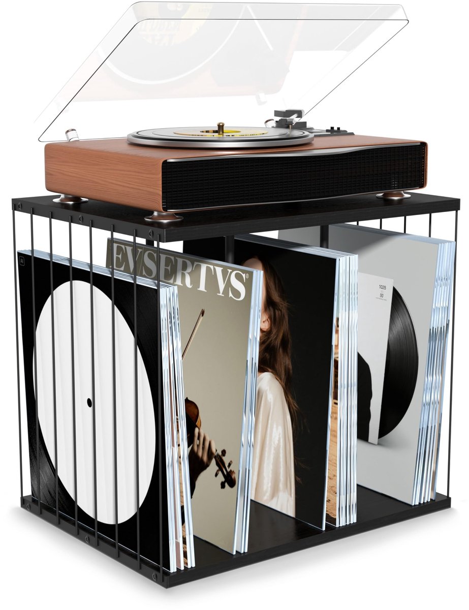 SolidKeus - Vintage Houten Platenstandaard met Capaciteit voor 100 Albums
