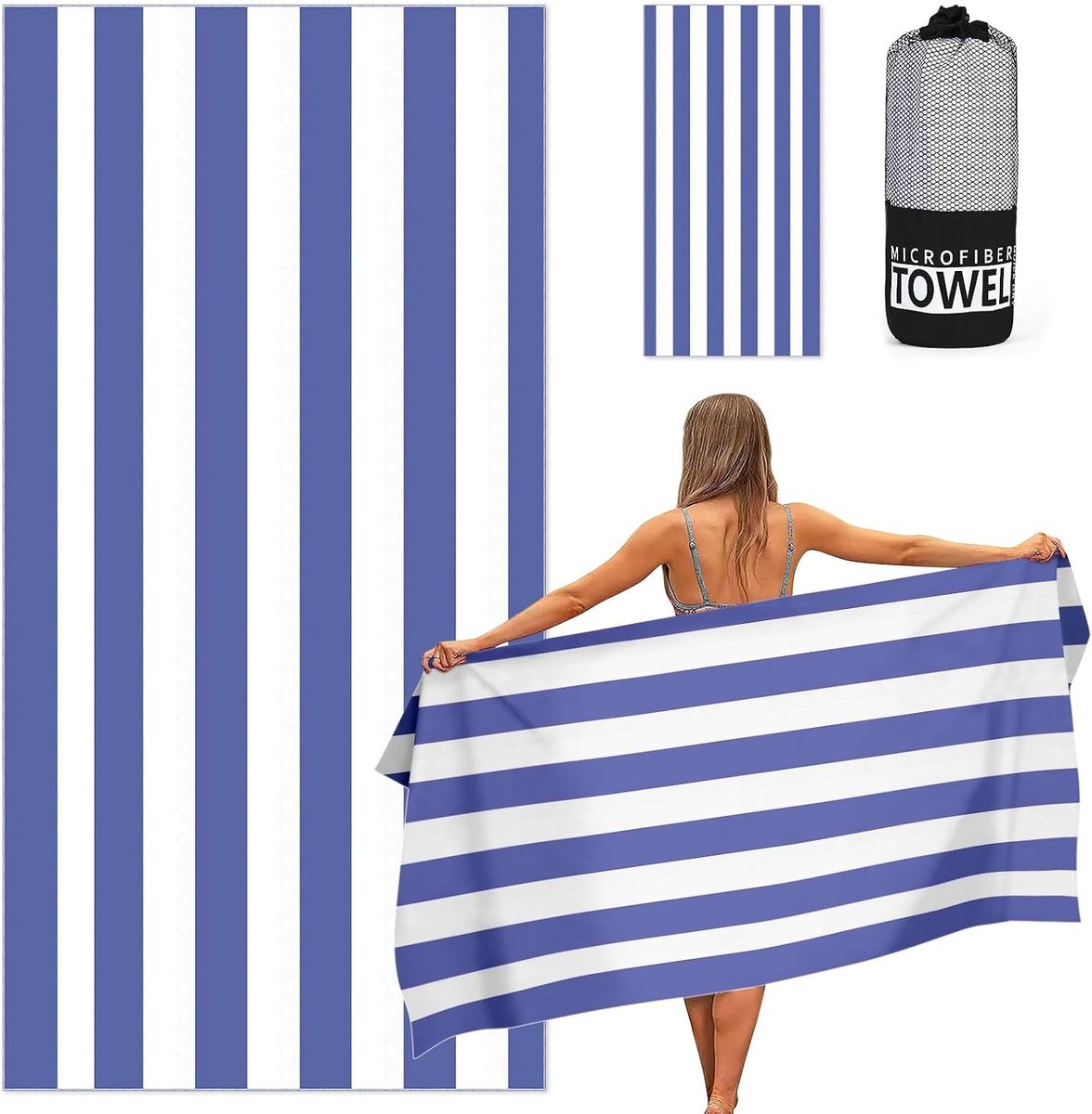 Grote Strandsjaal, 80x160cm, Dubbelzijdige Gestreepte Zandvrije Handdoek, Zacht en Lichtgewicht Sport- en Yogahanddoek met Tas, Microvezel Sneldrogende Zwemhanddoek voor Dames