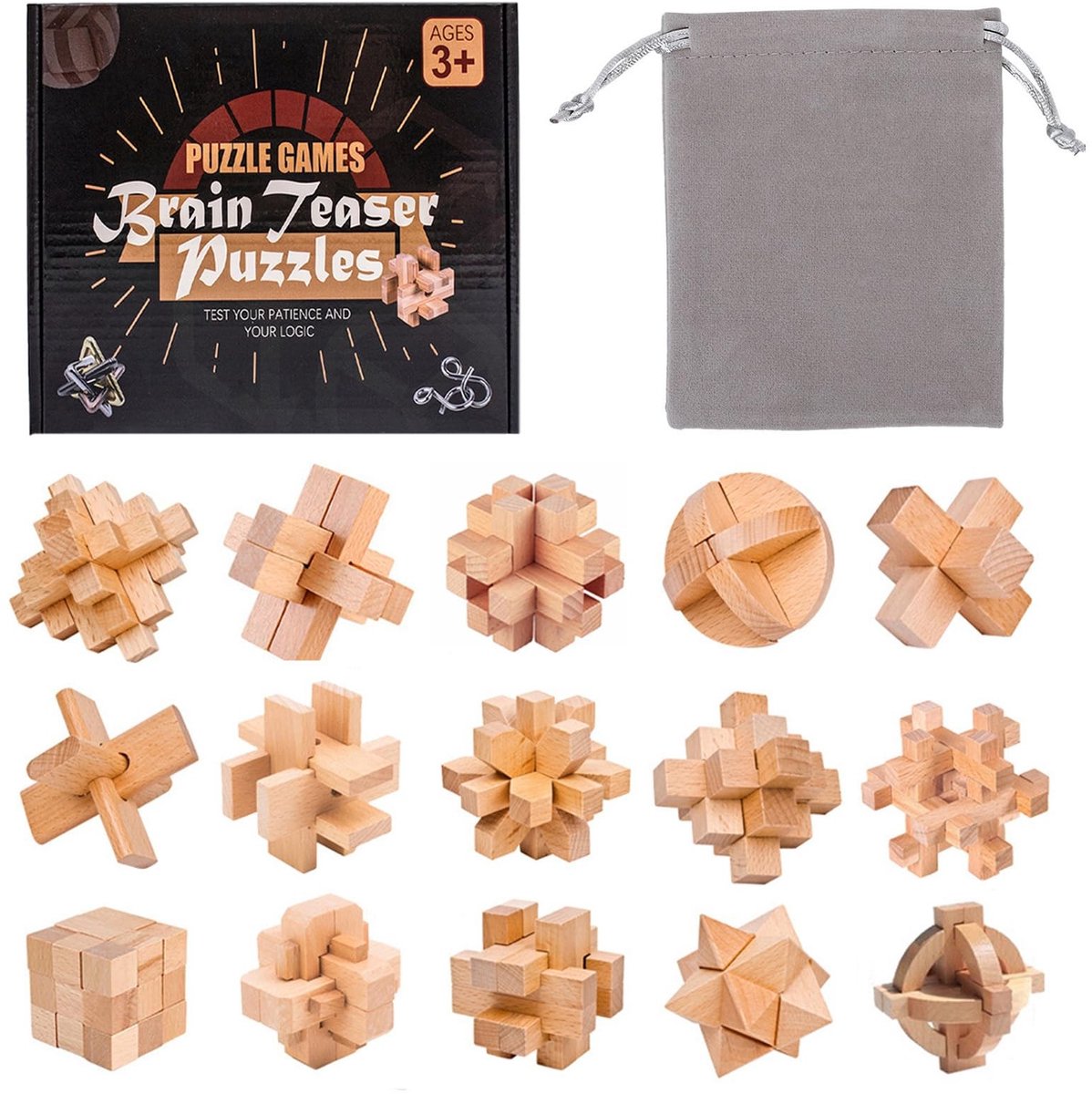 SolidKeus - Set van 15 Houten Puzzels voor Breintraining